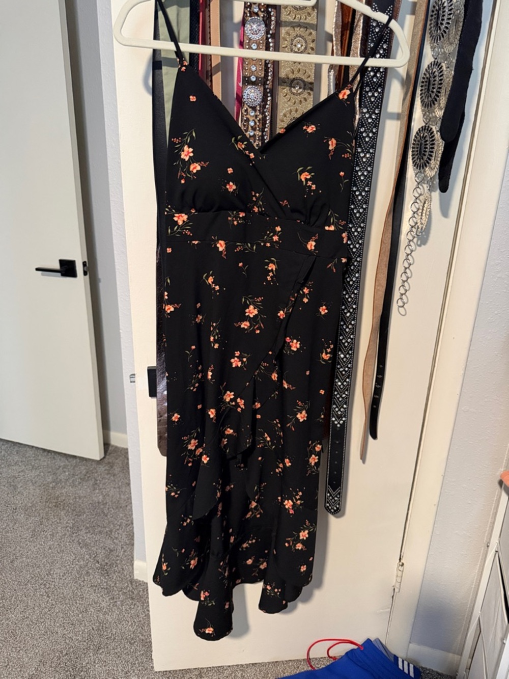 No Boundaries Black Midi Wrap Dress with Coral Floral Print
